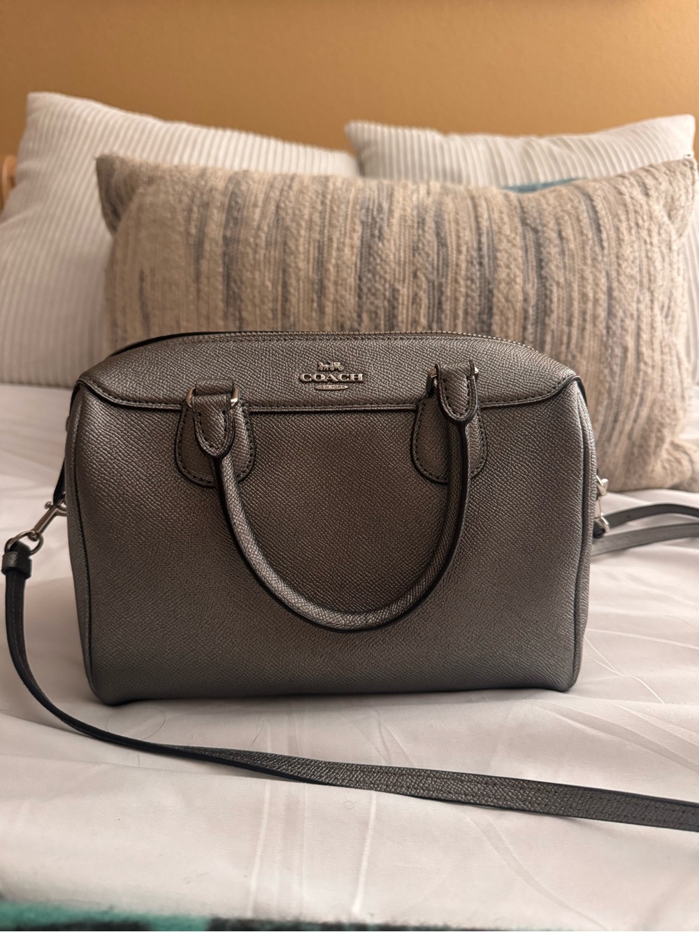 NWT Coach Metallic Gunmetal Satchel with Structured Design and Adjustable Strap